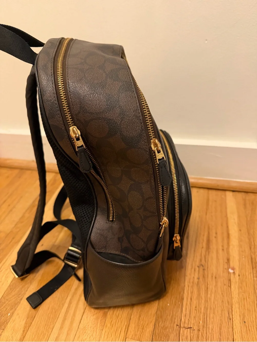 Coach Brown Signature Canvas Backpack with Black Leather Pocket